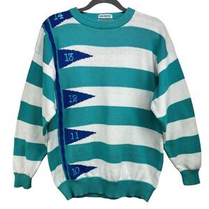 Vintage Izod Club Hand Intarsia Striped Embroided Back Nine Golf Crewneck Sweate